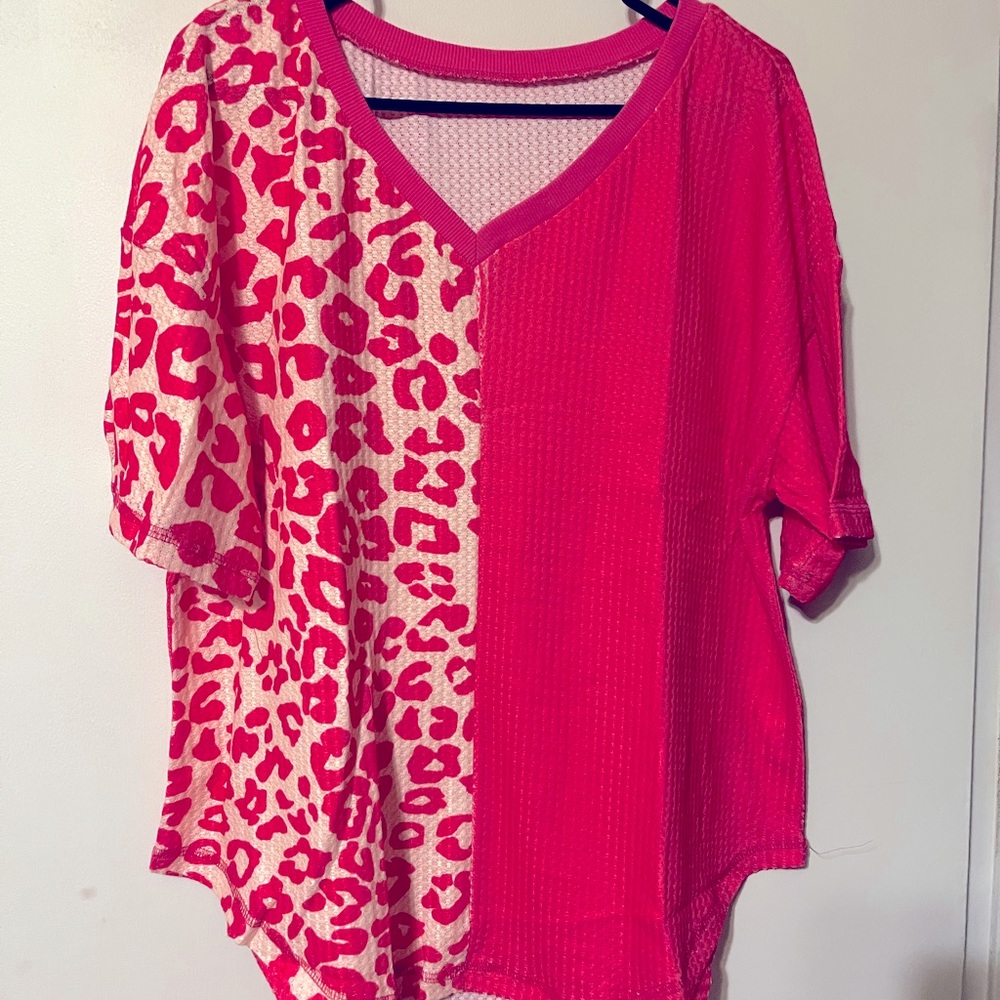 Medium, new, rose waffle knit leopard/solid blouse.